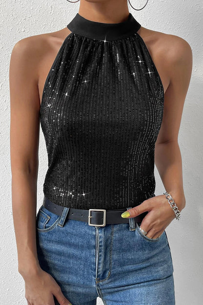 Keyhole Tie Back Sequined Tank Top | Black