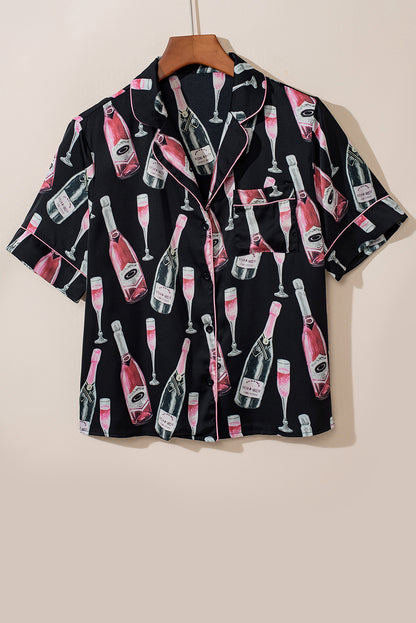 Champagne Print Silky Short Sleeve Pajamas Set | Black