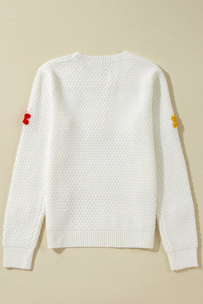 Colourful Flower Applique Textured Knit Sweater | White