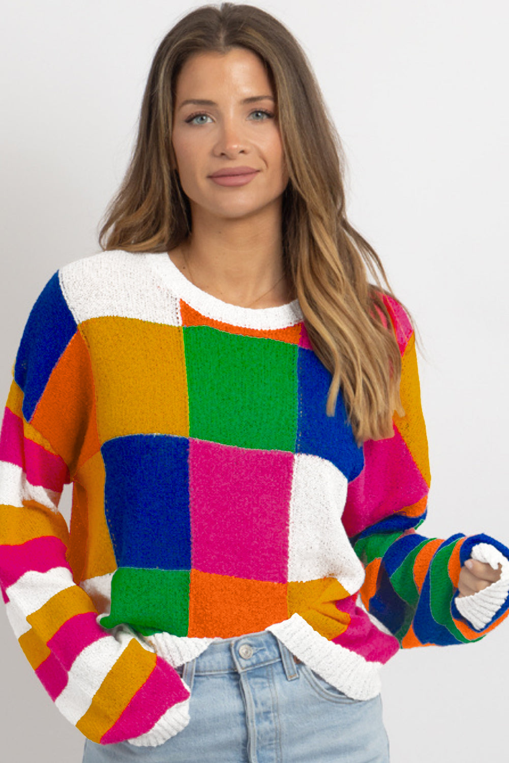 Checkered Colour Block Round Neck Loose Sweater | Orange