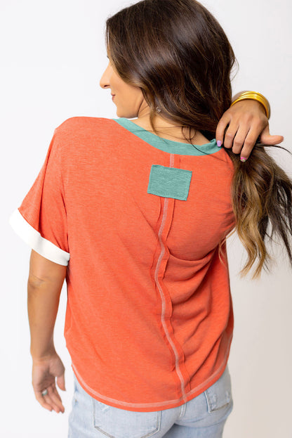 Contrast Trim Exposed Seam V Neck T-Shirt | Grapefruit Orange