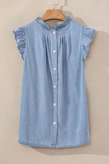 Frilly Pleated Button Back Retro Chambray Top | Beau Blue