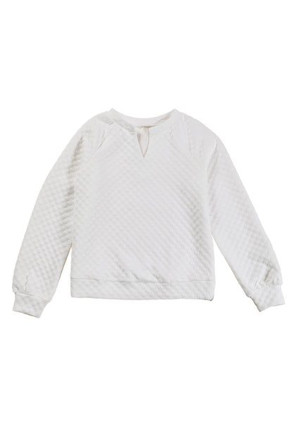 Split Neck Quilted Long Sleeve Top | White