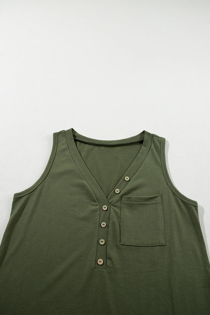 Half Button V Neck Patched Pocket Tank Top | Jungle Green