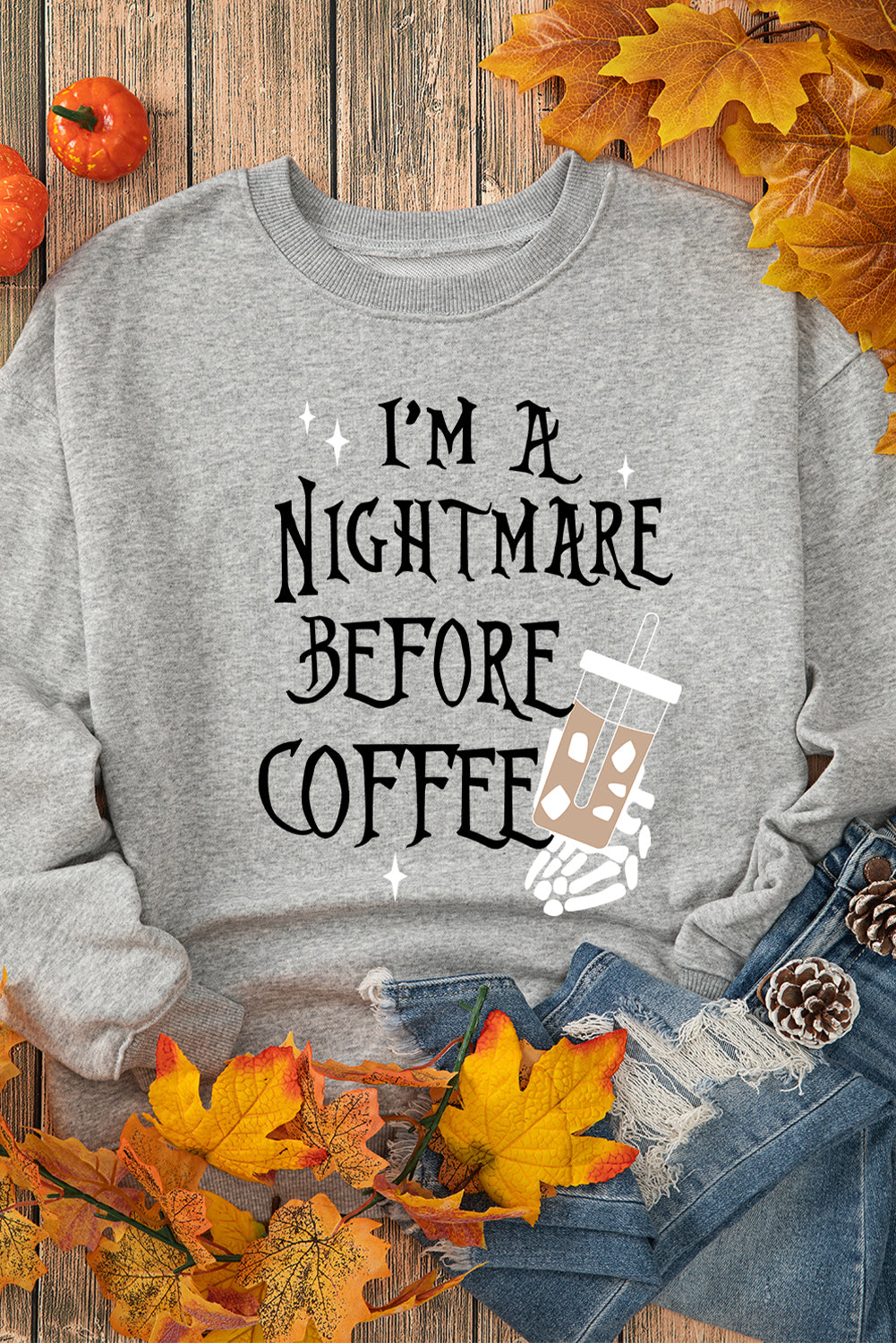 I'M A Nightmare Before Coffee Graphic Crewneck Sweatshirt | Gray