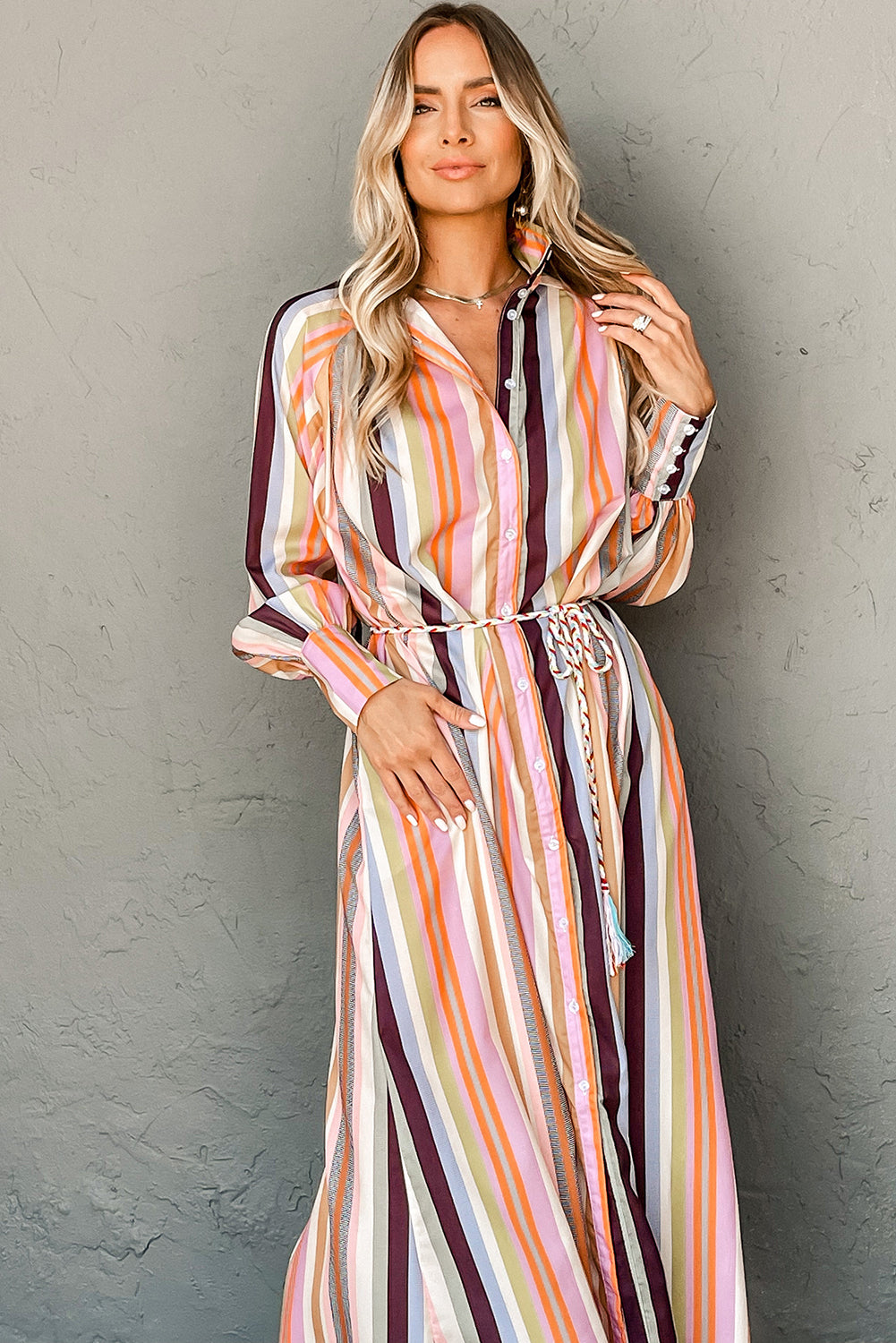 Multicolour Striped Cuffed Sleeve Tassel Tied Shirt Maxi Dress | White