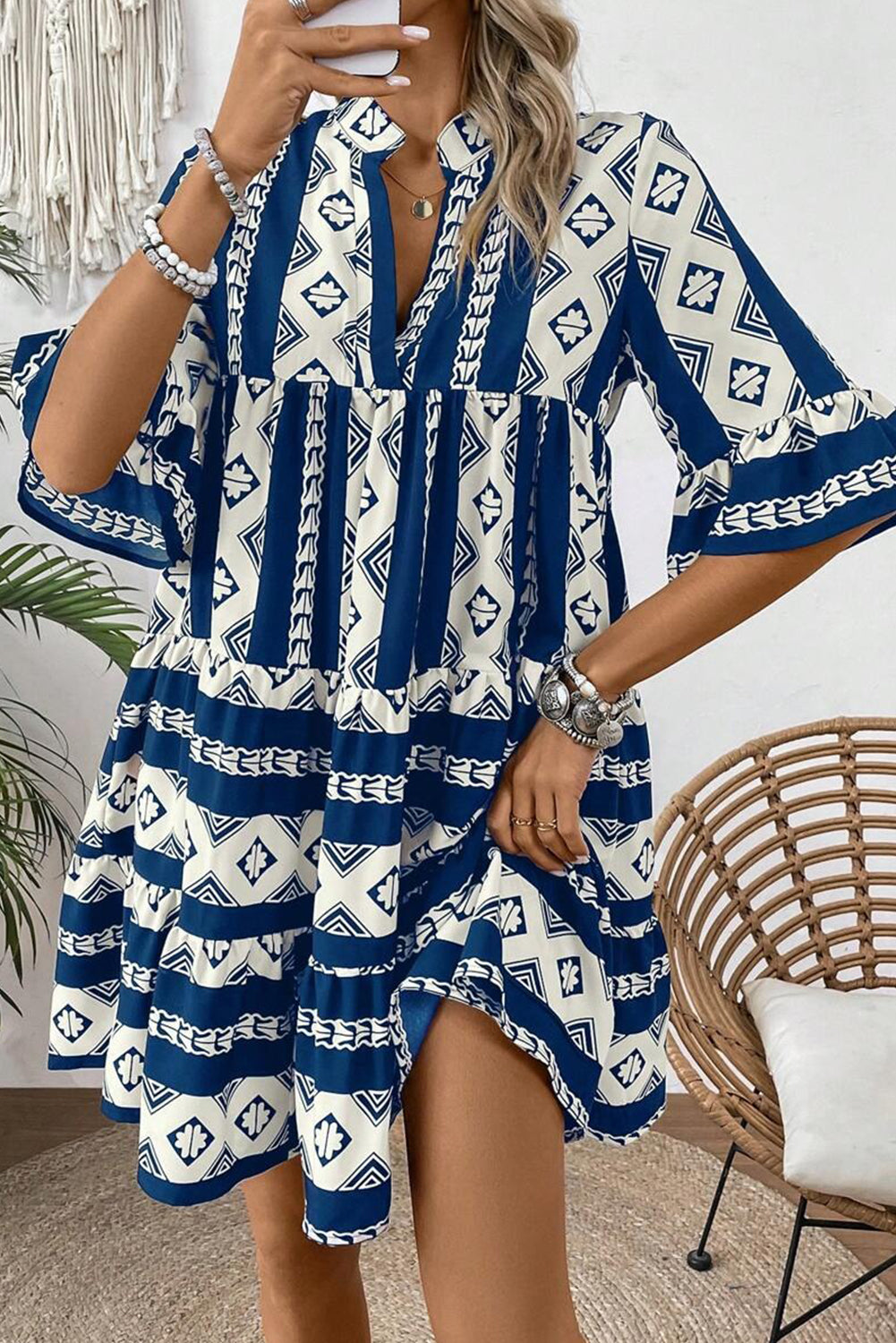 Geometric Print V Neck Ruffled Dress | Blue