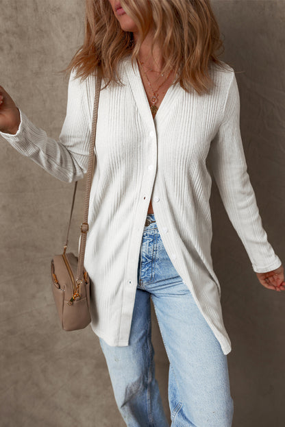 Solid Colour Ribbed Button Up Tunic Cardigan | White