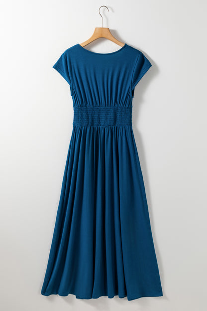 Short Sleeve Shirred High Waist V Neck Maxi Dress | Peacock Blue