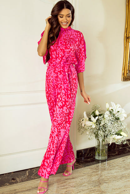 Leopard Loose Sleeve Belted Wide Leg Jumpsuit | Rose