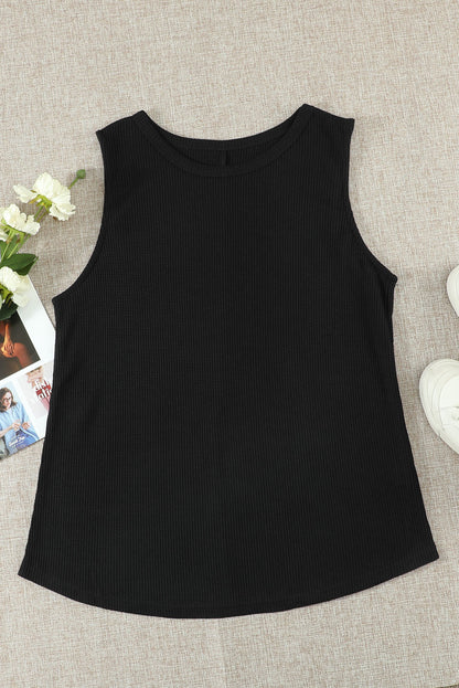 Crew Neck Waffle Tank Top | Black