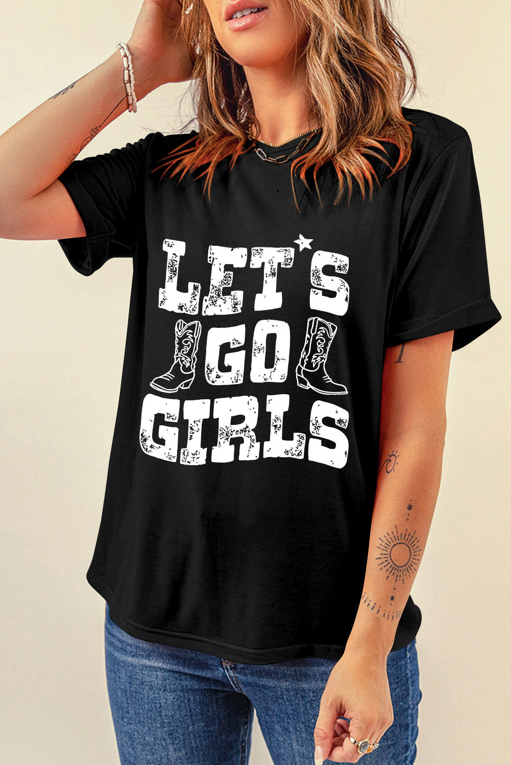 Lets Go Girls Boots Print Crew Neck T Shirt | Black