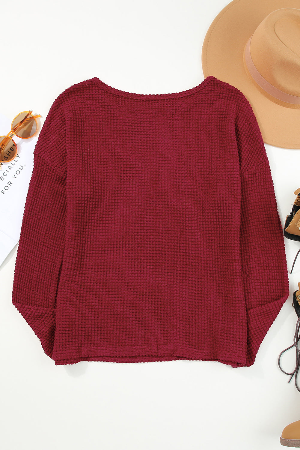 Fiery  Waffle Knit Drop Shoulder Long Sleeve Top | Red