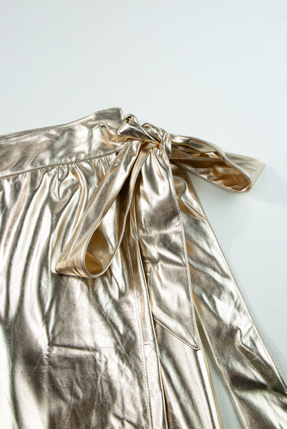 Metallic Leather Knotted Wrap Midi Skirt | Gold