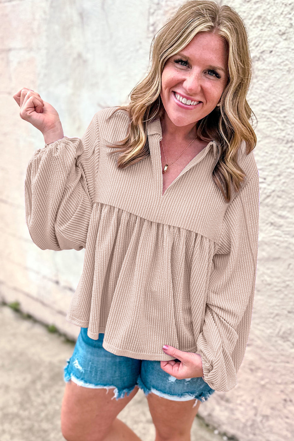 Corded Turn-Down V Neck Bubble Sleeve Babydoll Blouse | Parchment