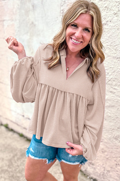 Corded Turn-Down V Neck Bubble Sleeve Babydoll Blouse | Parchment