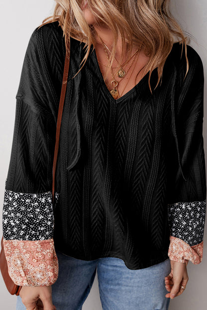 Floral Patchwork Textured Knit Drawstring V Neck Blouse | Black