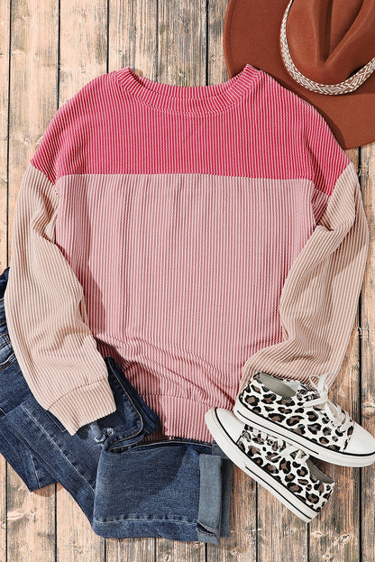 Colour Block Long Sleeve Ribbed Loose Top | Pink