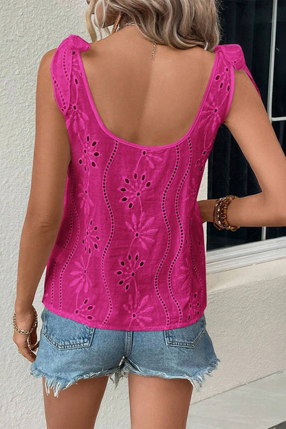 Embroidery Patterned Knotted Straps V Neck Tank Top | Rose Red