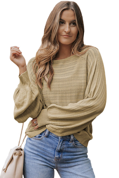 Lantern Sleeve Eyelets Textured Knit Sweater | Apricot