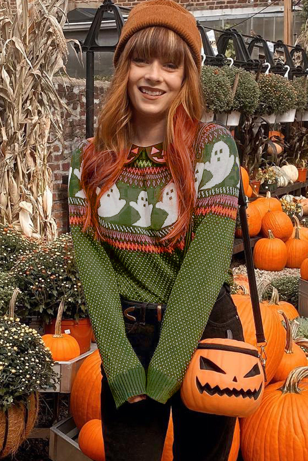 Halloween Ghost Pattern Drop Shoulder Sweater | Jungle Green