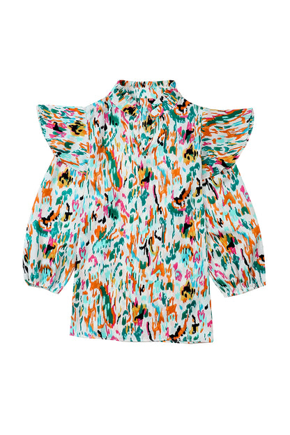 Abstract Print 3/4 Puff Sleeve Ruffle Blouse | Multicolour