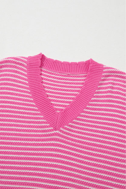 Striped Scallop V Neck Loose Sweater With Slits | Pink