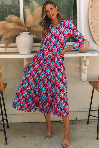 Abstract Geometric Print Long Sleeve High Waist Dress | Multicolour