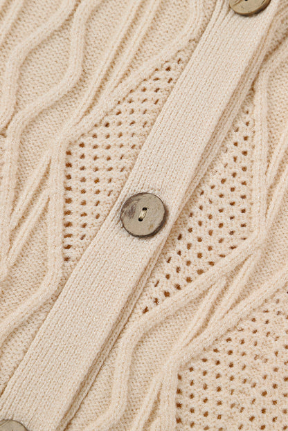 Plus Size Knitted Hollow Out Button Up Cardigan | Apricot