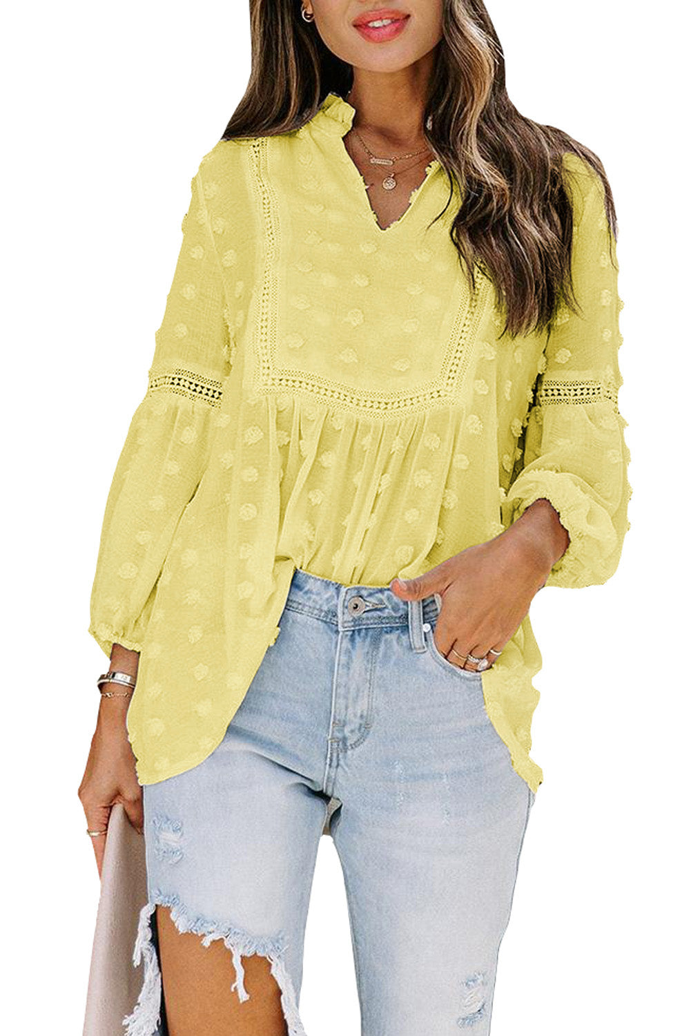 Swiss Dot Split Neck Ruffle Babydoll Blouse | Yellow