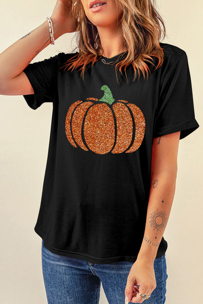 Glittering Pumpkin Graphic Halloween T Shirt | Black