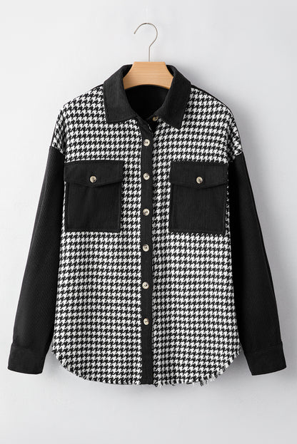 Houndstooth Corduroy Patchwork Flap Pocket Shacket | Black