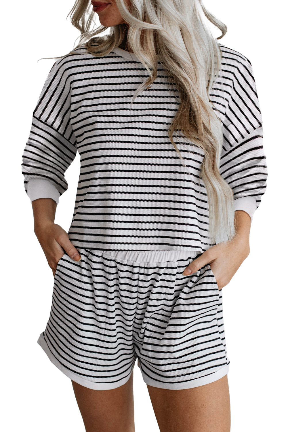 Textured 3/4 Sleeve Top And Shorts Set | Black Stripe