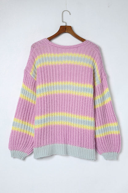 Contrast Striped Open Front Cable Cardigan | Pink