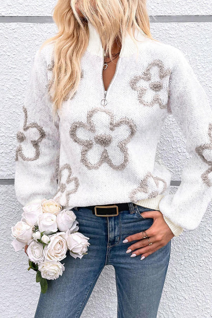 Contrast Flower Half Zipper Stand Neck Sweater | White