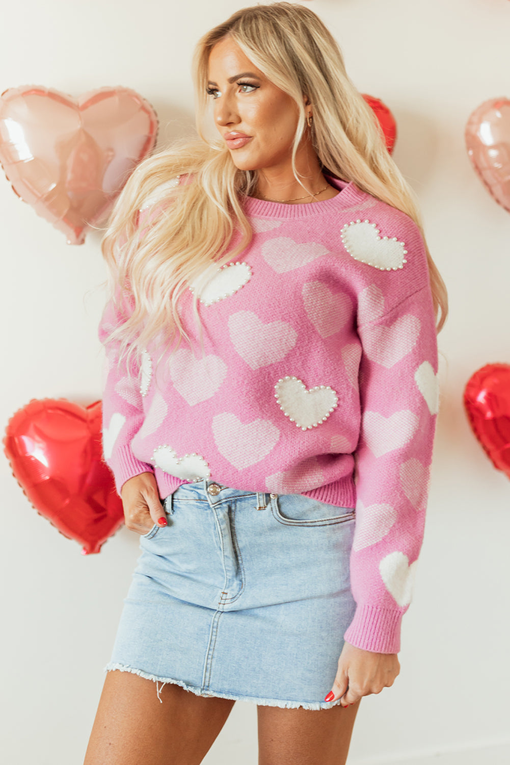 Pearled Heart Print Valentines Crew Neck Sweater | Pink