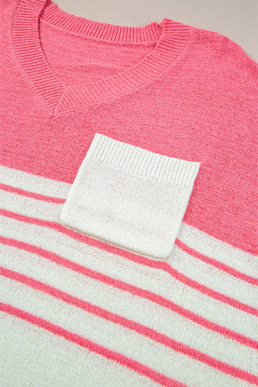 Contrast Stripes V Neck Knitted Short Sleeve Top | Strawberry Pink