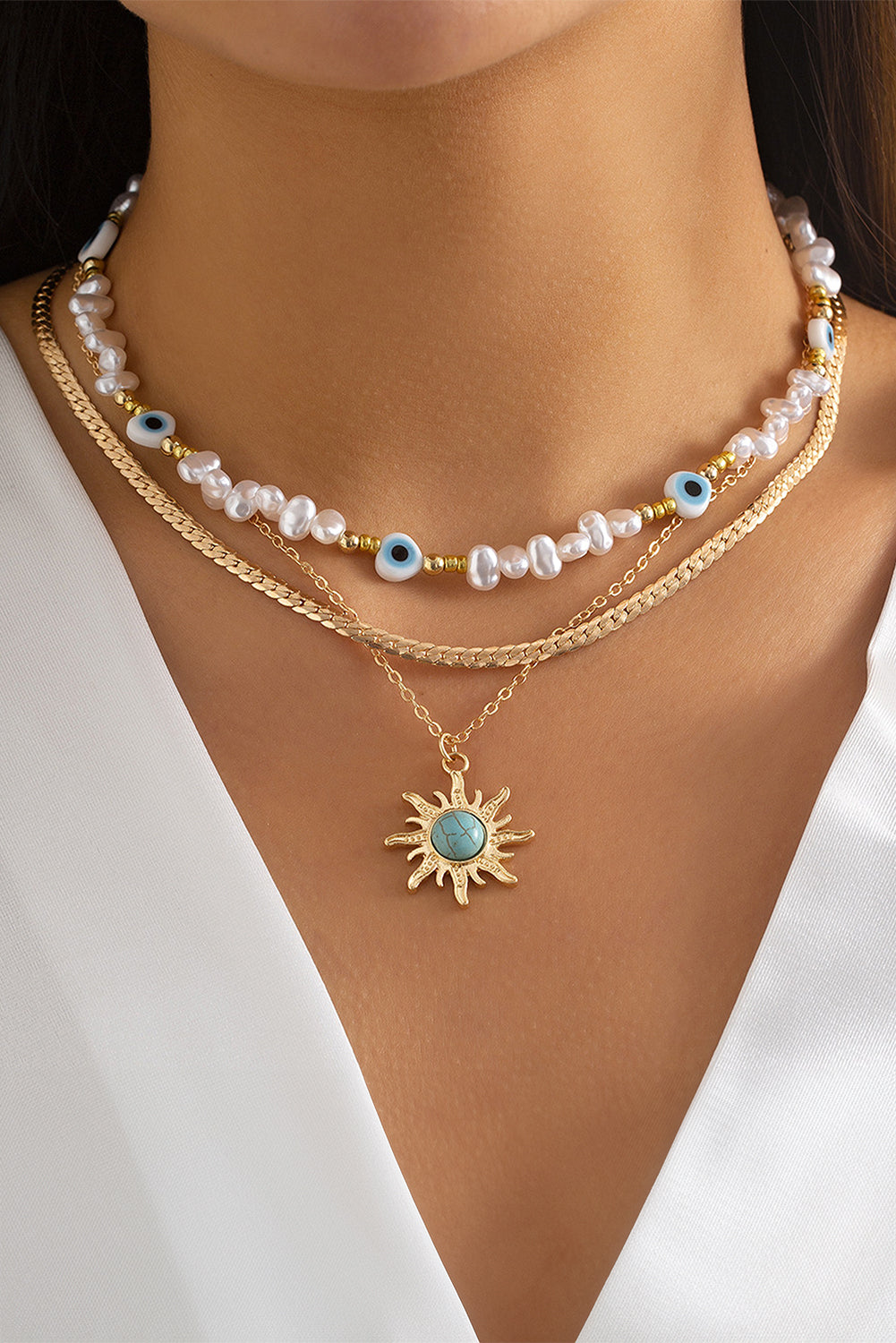 Sun Turquoise Pearl Beaded Multi Layered Pendant Necklace | Gold