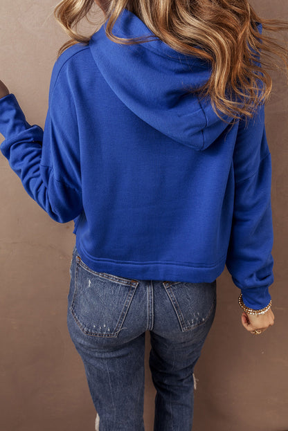 Solid Drop Shoulder Drawstring Cropped Hoodie | Dark Blue