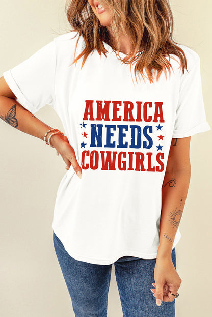 America Needs Cowgirls Crew Neck Graphic Tee | White