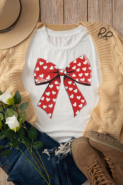 Heart Bow Printed Crewneck Valentines T Shirt | White