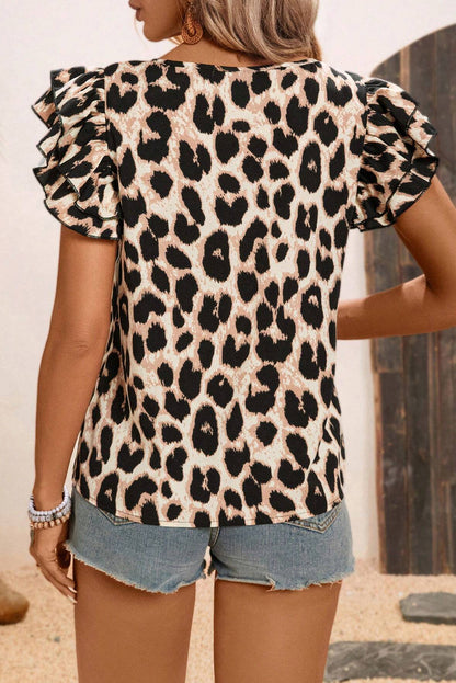 Leopard Print Layered Ruffled Short Sleeve Blouse | Khaki