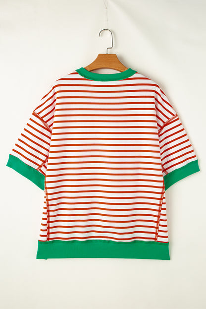 Oversized Contrast Trim Exposed Seam High Low T Shirt | Orange Stripe