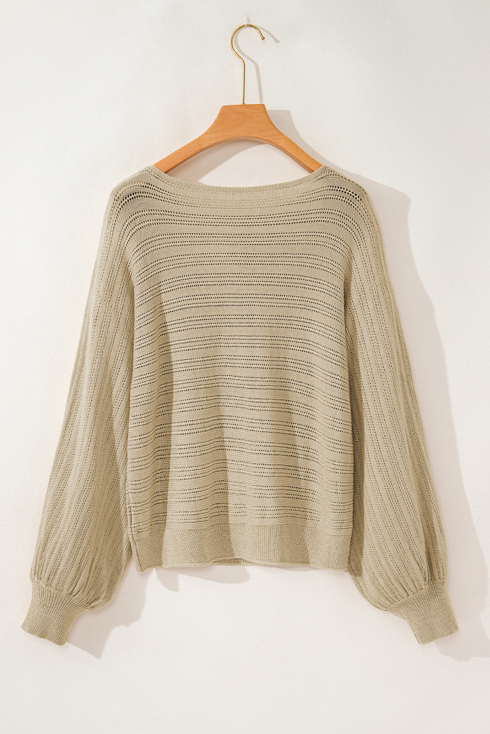 Lantern Sleeve Eyelets Textured Knit Sweater | Apricot