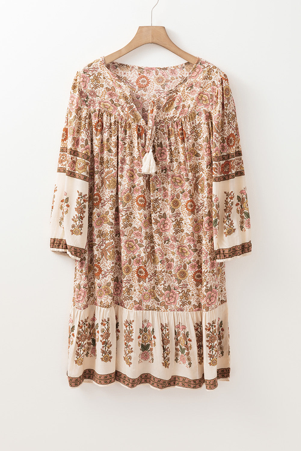 Floral Print Tassel Drawstring V Neck Loose Mini Dress | Apricot