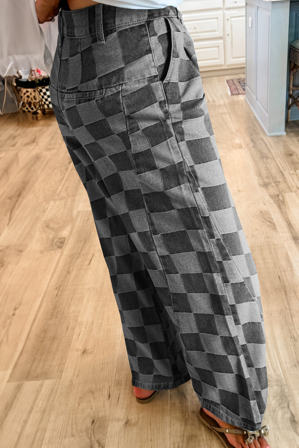 Checkered Denim Wide Leg Jeans | Dark Grey