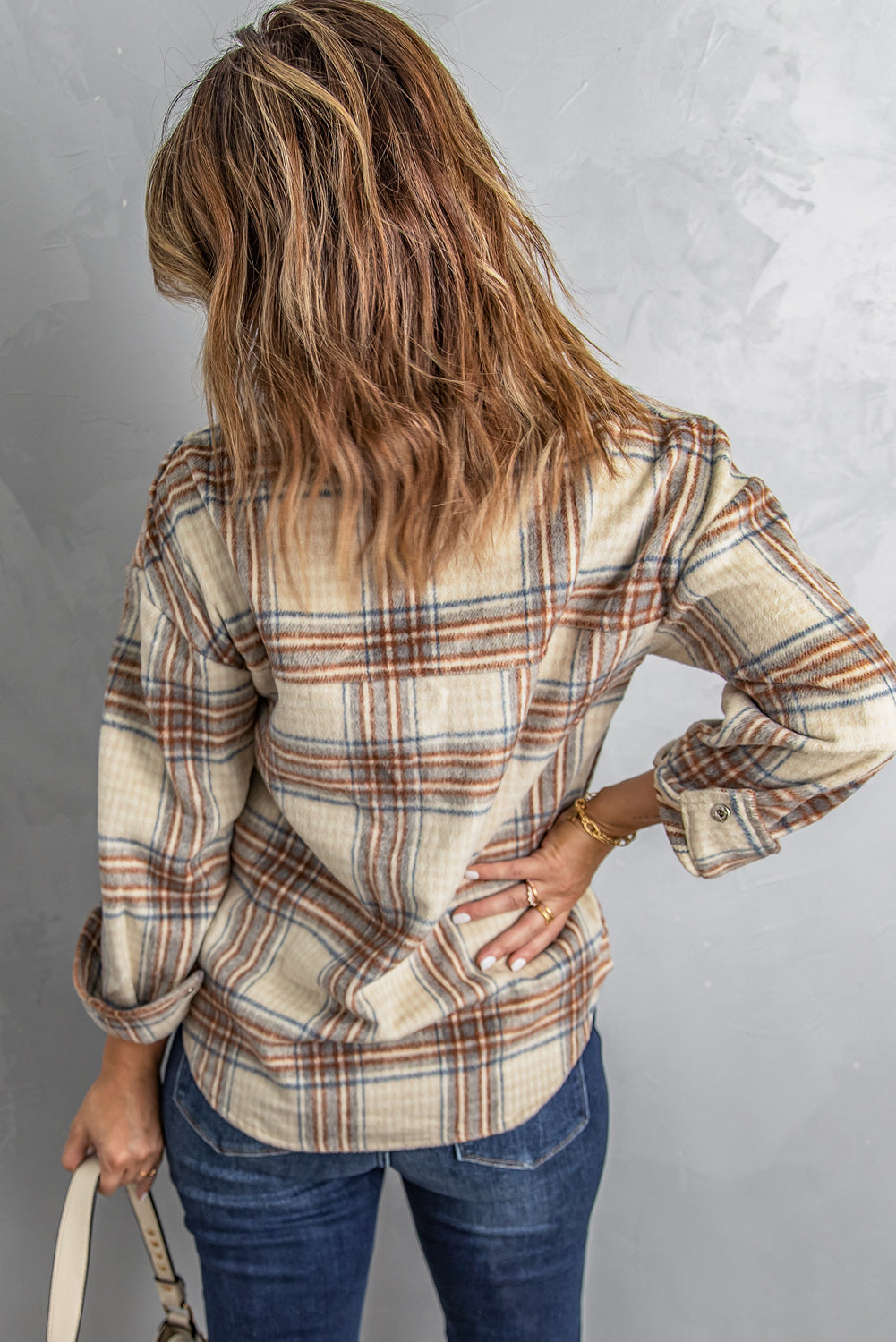 Chest Pocket Plaid Half Zip Sweatshirt | Apricot