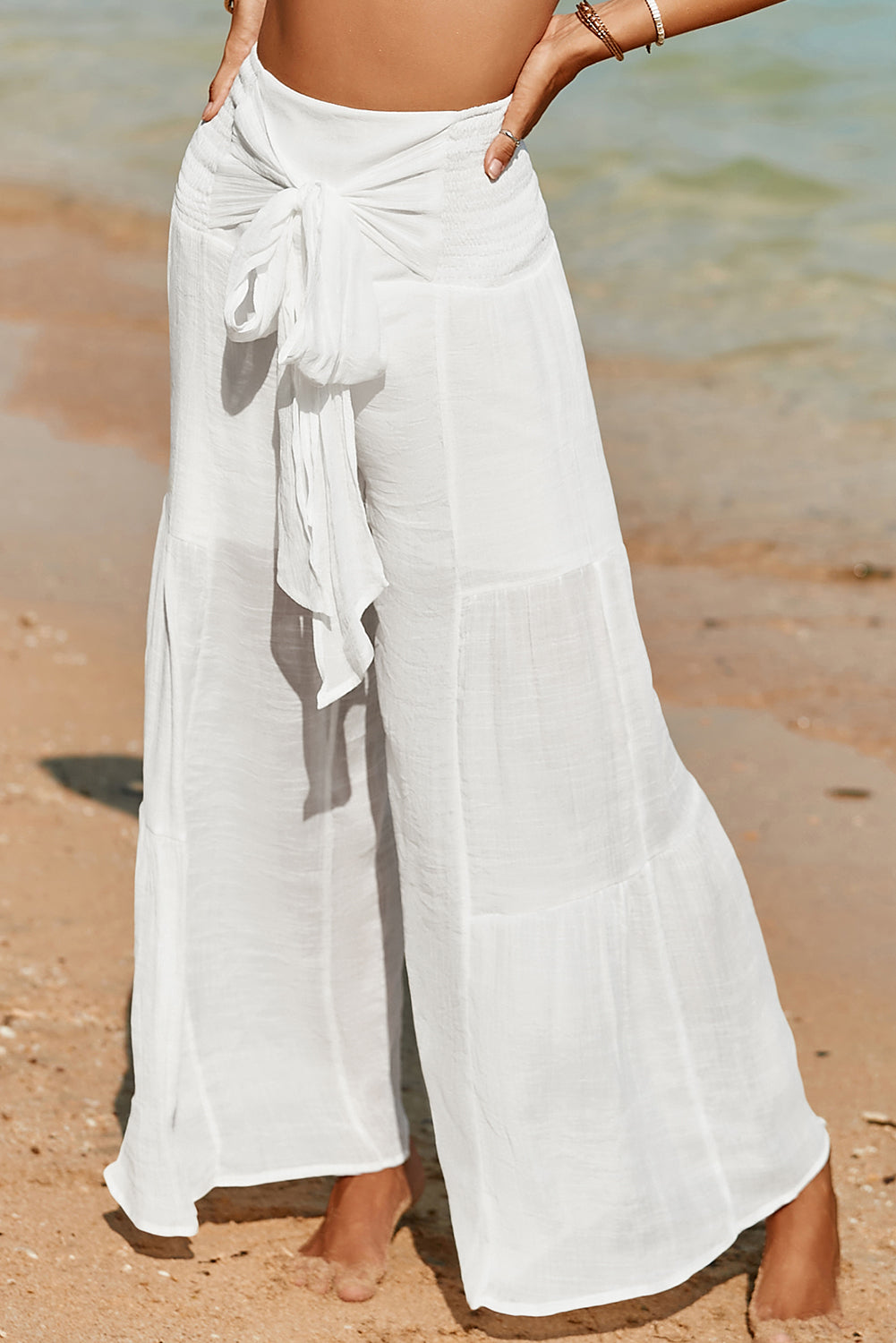 Smocked High Waist Bohemian Wide Leg Pants | White