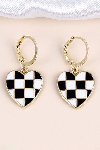 Checkered Heart Shape Hoop Dangle Earrings | Black