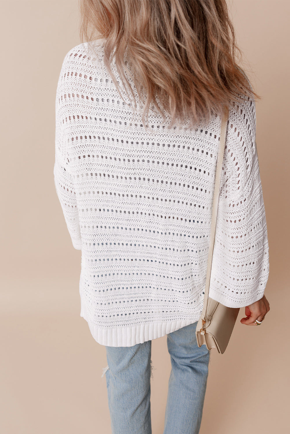 Pointelle Knit Bracelet Sleeve Open Cardigan | White